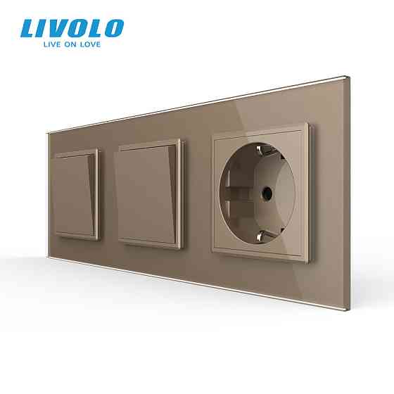 LIVOLO Двоклавішний вимикач (1-1) з розеткою Livolo золотий скло (VL-C7K1/K1/FCTC16A-6AP) Коломия