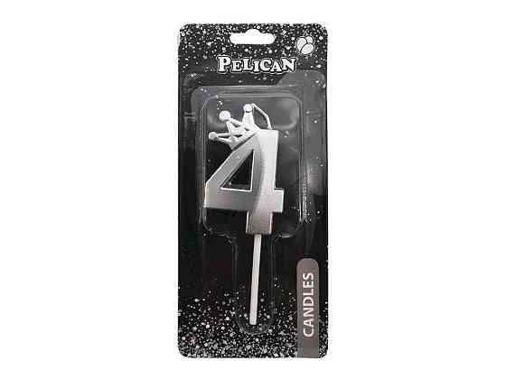 Свеча-цифра 4 6см серебро 3D с короной арт.863114 ТМ PELICAN Киев