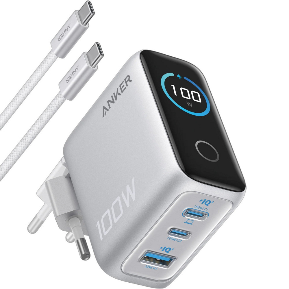 Мережевий зарядний пристрій Anker GaN Charger 100 W, 2xUSB-C, 1xUSB-A, Display Silver (B121BG41) + кабель USB Type-C ( 16689 ) Харьков - изображение 1