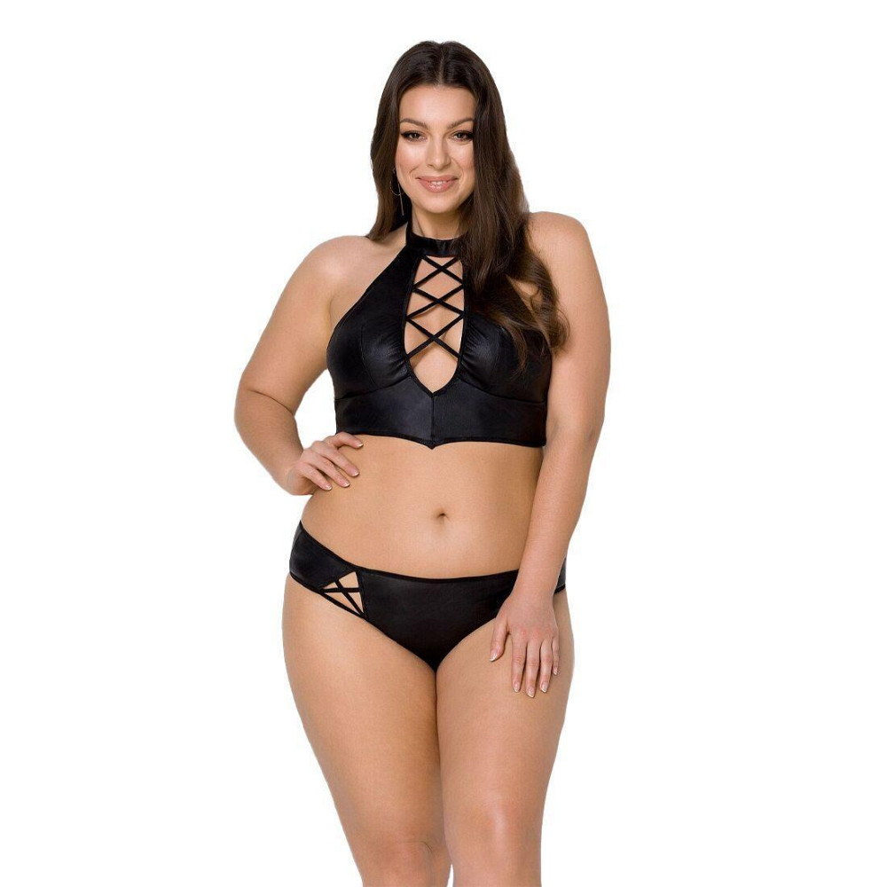 Комплект из экокожи Passion NANACY BIKINI 4XL/5XL black, бра и трусики с имитацией шнуровки Sex Aura Киев - изображение 1