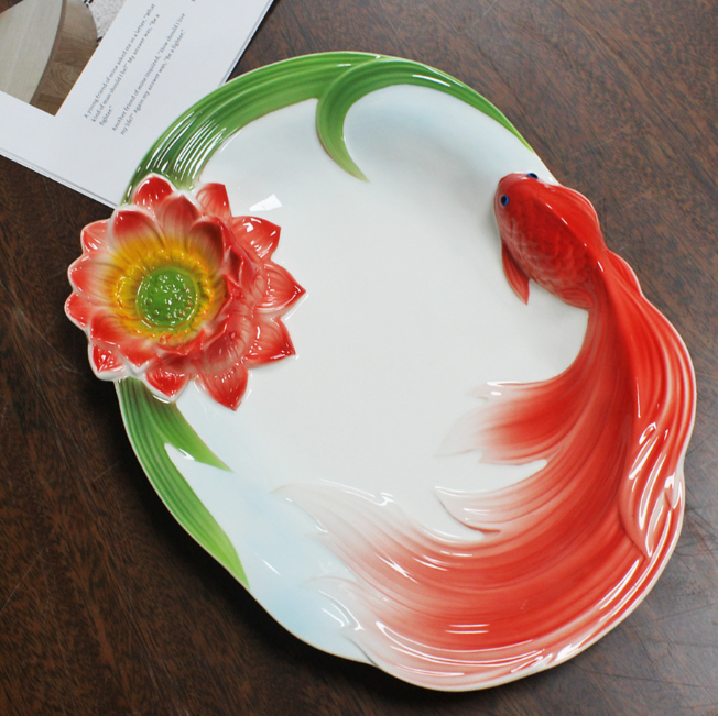 Блюдо Золотая рыбка  29 см китайский лепной костяной фарфор Соусник Лотос Кременчуг - изображение 4