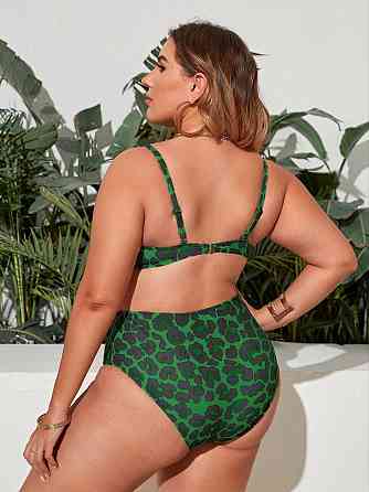 Женский раздельный купальник бикини Plus Size с высокими плавками зеленый леопардовый 4XL Киев