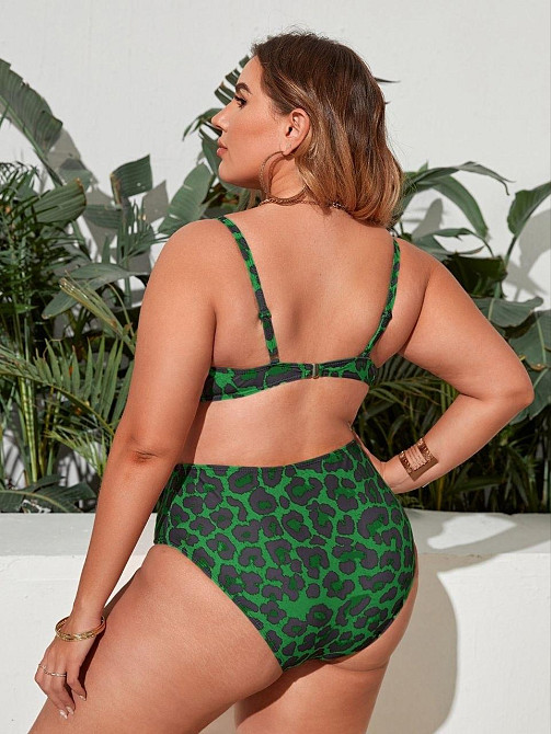 Жіночий роздільний купальник бікіні Plus Size з високими плавками зелений леопардовий 4XL Київ - фото 4