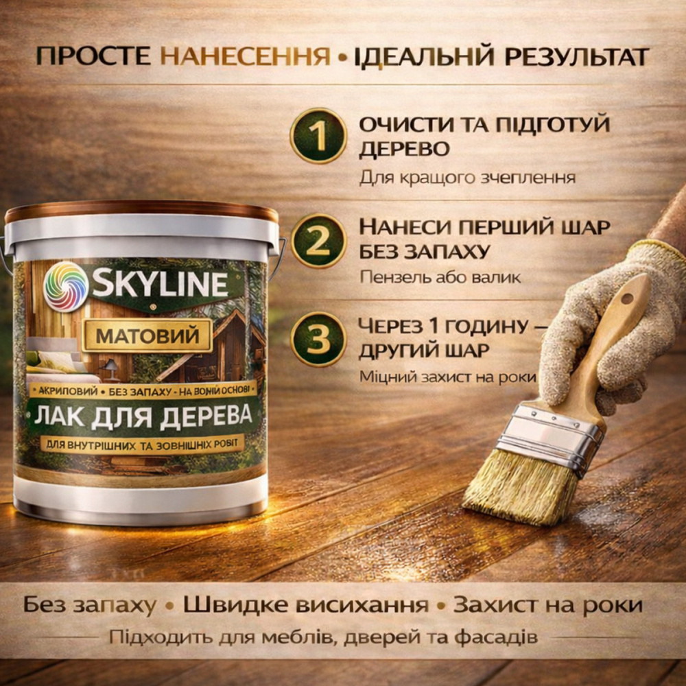 Лак для дерева Skyline матовий акриловий прозорий без запаху для внутрішніх та зовнішніх робіт 3 л Харків - фото 7