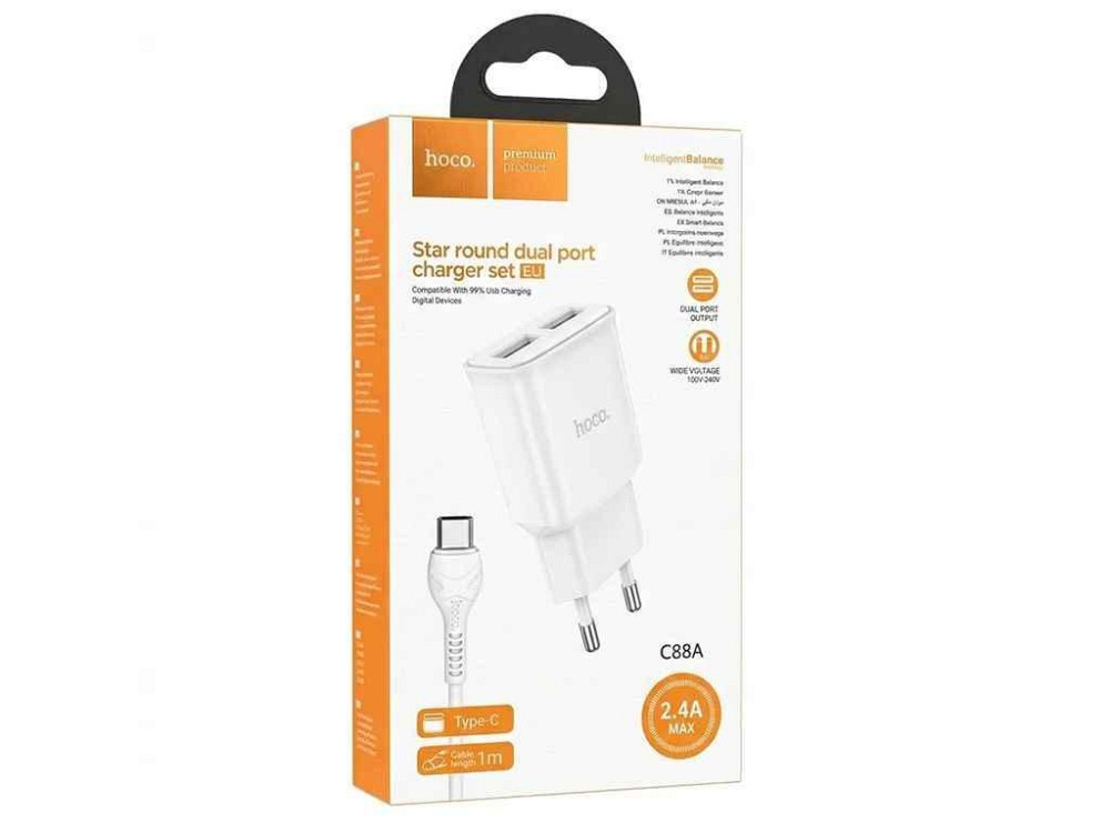 Мережевий зарядний пристрій для iPhone Lightning C88A 2.4A/2USB білий 1м ТМ HOCO Київ - фото 1