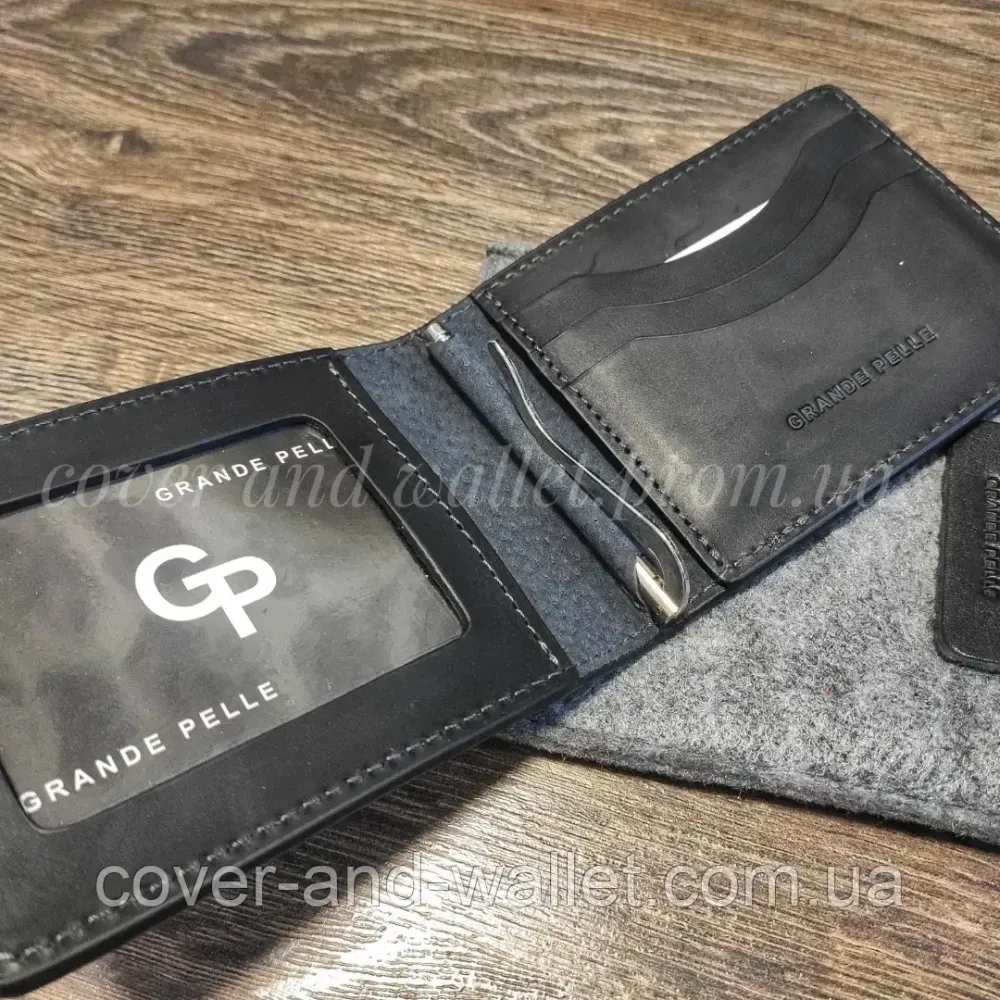 Стильний шкіряний затискач для грошей та карток ручної роботи чорного кольору Grande Pelle Київ - фото 4