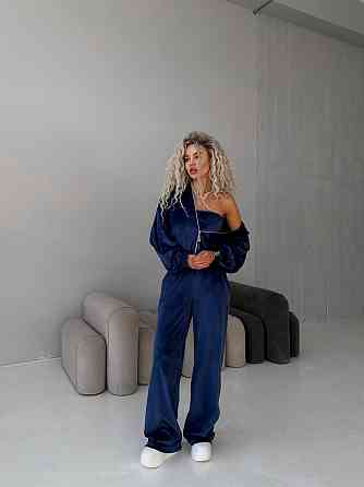 Жіночий велюровий костюм-трійка: кофта корсет і штани Синій, 42/46 Одеса