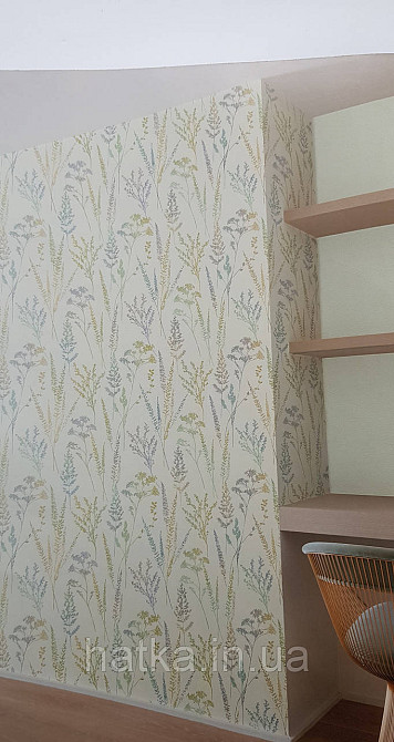 Шпалери вінілові на флізеліні Grandeco Universe 5 гілки листя квіти перламутр бірюза срібло на молочному Київ - фото 1