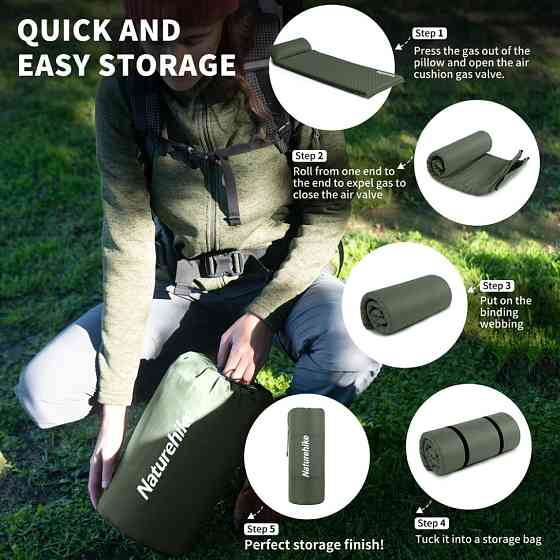 Коврик самонадувающийся одноместный с подушкой Naturehike CNK2450WS020, 100 мм, темно-зеленый Ровно