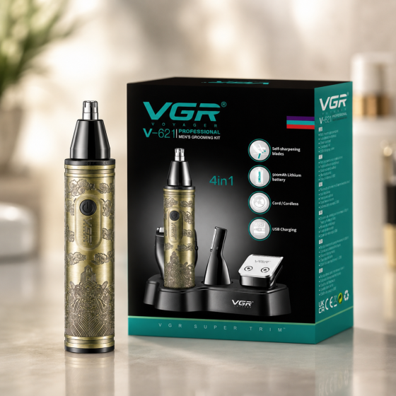 Мультитример 4в1 VGR V-621 Gold: для носа, вух, бороди та брів, акумулятор 90 хв, USB, R-леза, метал, золотий Одеса