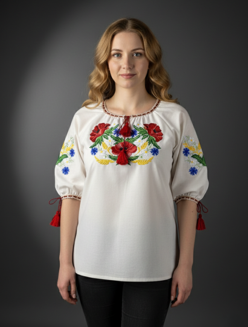 Льняная бежевая вышиванка с маками и полевыми цветами на рукавах Киев - изображение 2