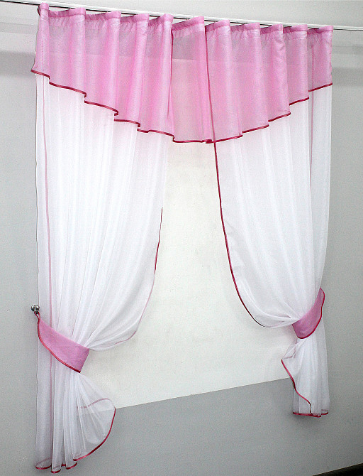Кухонные шторы VR-Textil № 084к с ламбрекеном и подвязками белый с розовым 280х170 см (52-0251) Киев - изображение 2