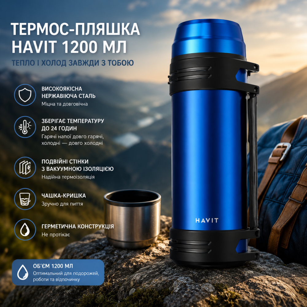 Термос-пляшка з нержавіючої сталі 1200 мл Havit, вакуумний термос, подвійні стінки, чашка-кришка, синій Київ - фото 8