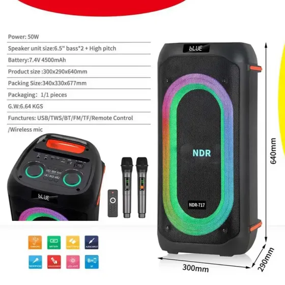 Портативна акустична колонка NDR-717 2x8" TWS/FM/USB/TF/BT/LED/REC з пультом та 2 мікрофонами Одеса