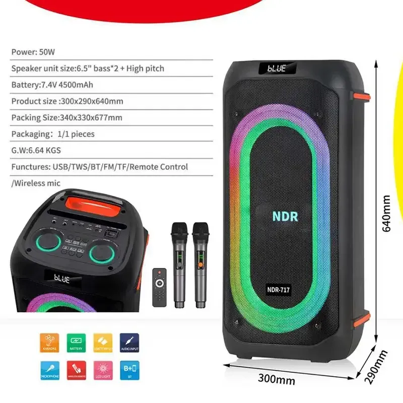 Портативна акустична колонка NDR-717 2x8" TWS/FM/USB/TF/BT/LED/REC з пультом та 2 мікрофонами Одеса - фото 6