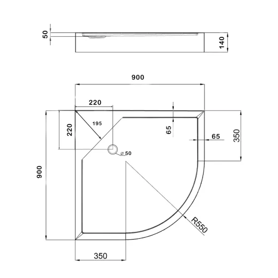 Душовий піддон Kapielka ST90x90x14 низький, напівкруглий, діаметр зливу 52 мм Lidz Київ