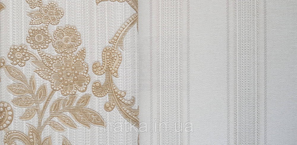 Шпалери вінілові на флізеліні AdaWall Seyyah 1.06х10 вензелю завитки великі структурні золотом на сіро-бежевому Київ - фото 4