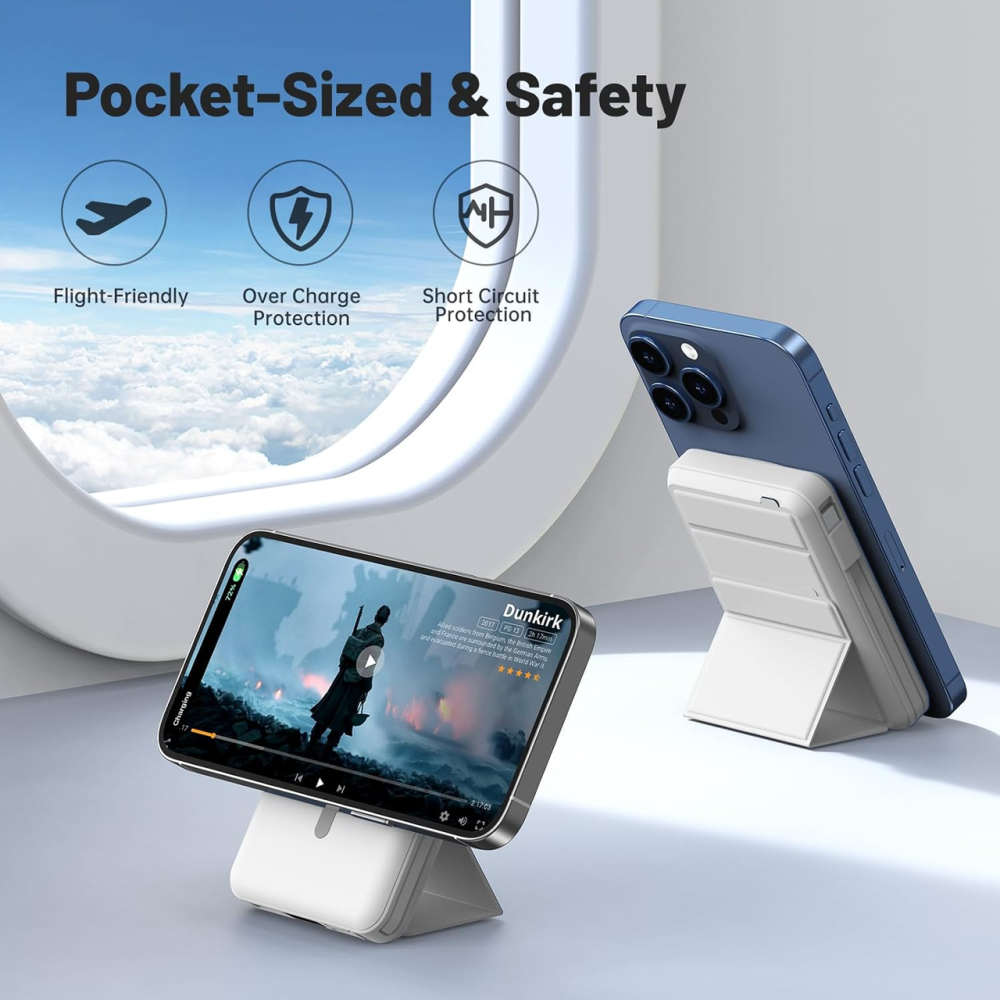 Магнітний повербанк Azmuth Power Bank 10000 mAh Бездротова швидка зарядка MagSafe для iPhone зі складним тримачем, Білий Київ - фото 6