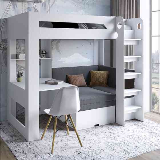 Детская двухъярусная кровать LION Флай 90х190 см со встроенным столом Нимфея Альба (белый) (LION-041643) ТОП Днепр
