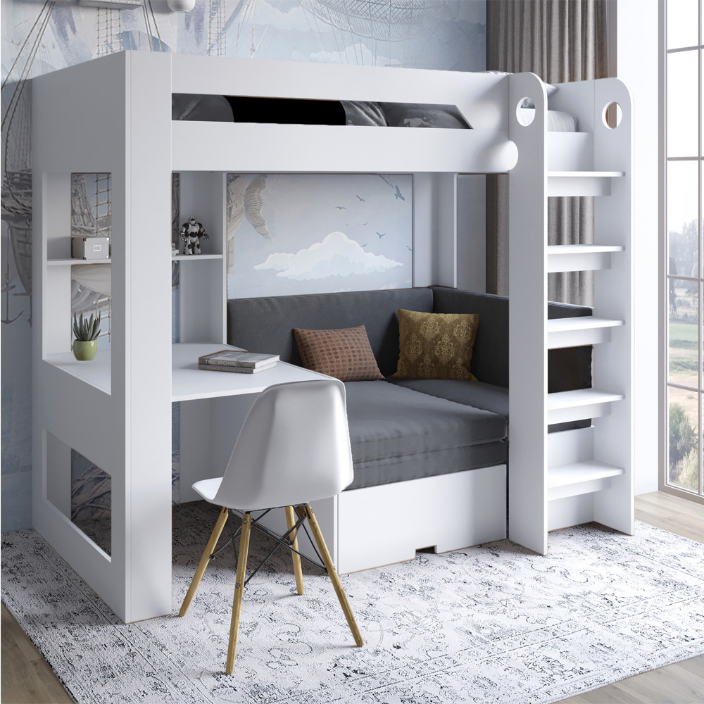 Детская двухъярусная кровать LION Флай 90х190 см со встроенным столом Нимфея Альба (белый) (LION-041643) ТОП Днепр - изображение 1