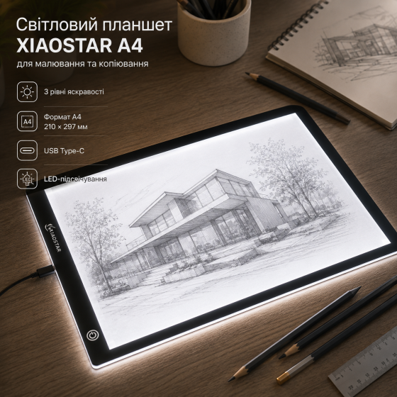 Световой планшет XIAOSTAR A4 для рисования и копирования, LED, 3 уровня яркости, USB Type-C, черный Киев