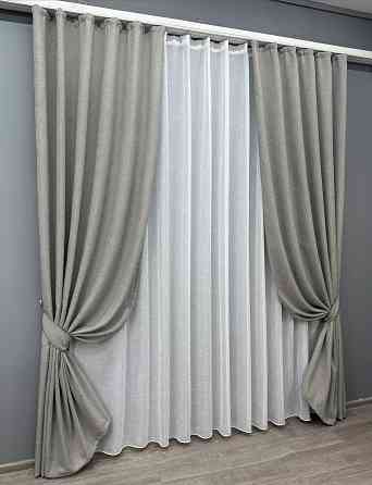 Комплект штор VR-Textil Лен Мешковина 150х270 2шт и Тюль 500х270 1016ш-115т Светло-серый с белым 71-026/4 Киев