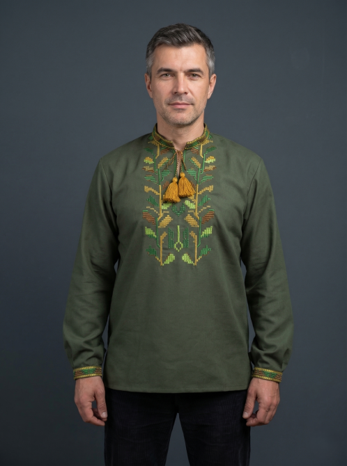 Чоловіча вишиванка хакі з домотканого полотна вишита гладдю 48 Київ - фото 1