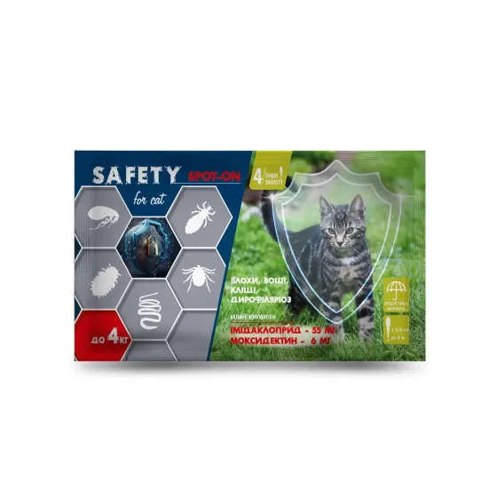 Противоразитарные капли SAFETY SPOT-ON для кошек весом до 4 кг (0.5 мл) №1 пипетка Винница