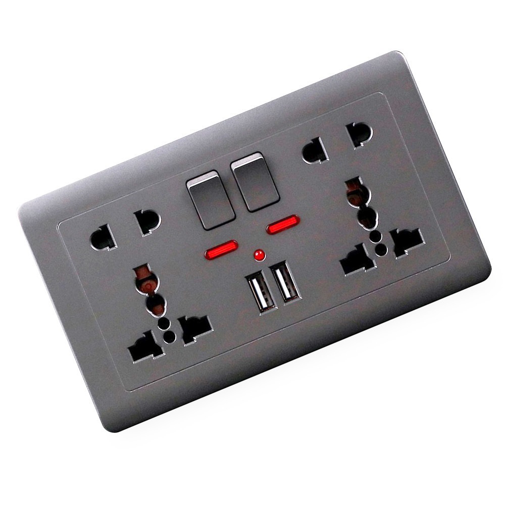 Універсальна розетка Delviz DZ-E4-11 сіра 250V 13A з 2×USB-A, кнопками живлення й індикаторами. Сумісна з усіма типами вилок Миколаїв - фото 2