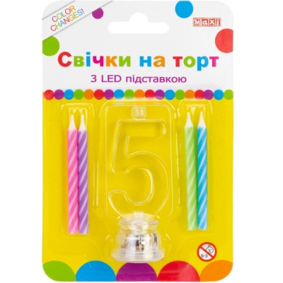 Свічка Maxi 4 шт. на торт з LED підставкою "5", що світиться (MX701007-5) Вінниця - фото 1