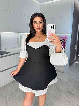 Женское стильное комбинированное мини платье с квадратным вырезом костюмка + 100% белый коттон Черный, 50/52 Одесса