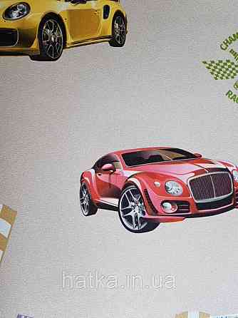 Шпалери вінілові на флізеліні AdaWall Ada Kids метрові дитячі для хлопчиків перегонові машини написи на бежевому Київ