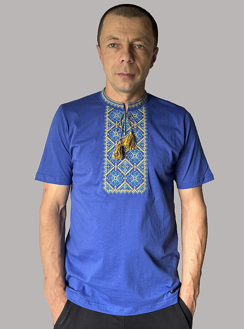 Чоловіча синя Футболка вишиванка з жовтою вишивкою Київ - фото 1
