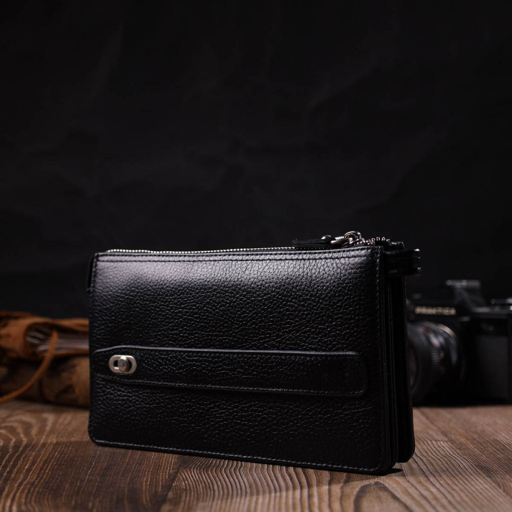 Цікавий клатч на два відділення з натуральної шкіри флотар BOND 22047 Чорний Київ - фото 9