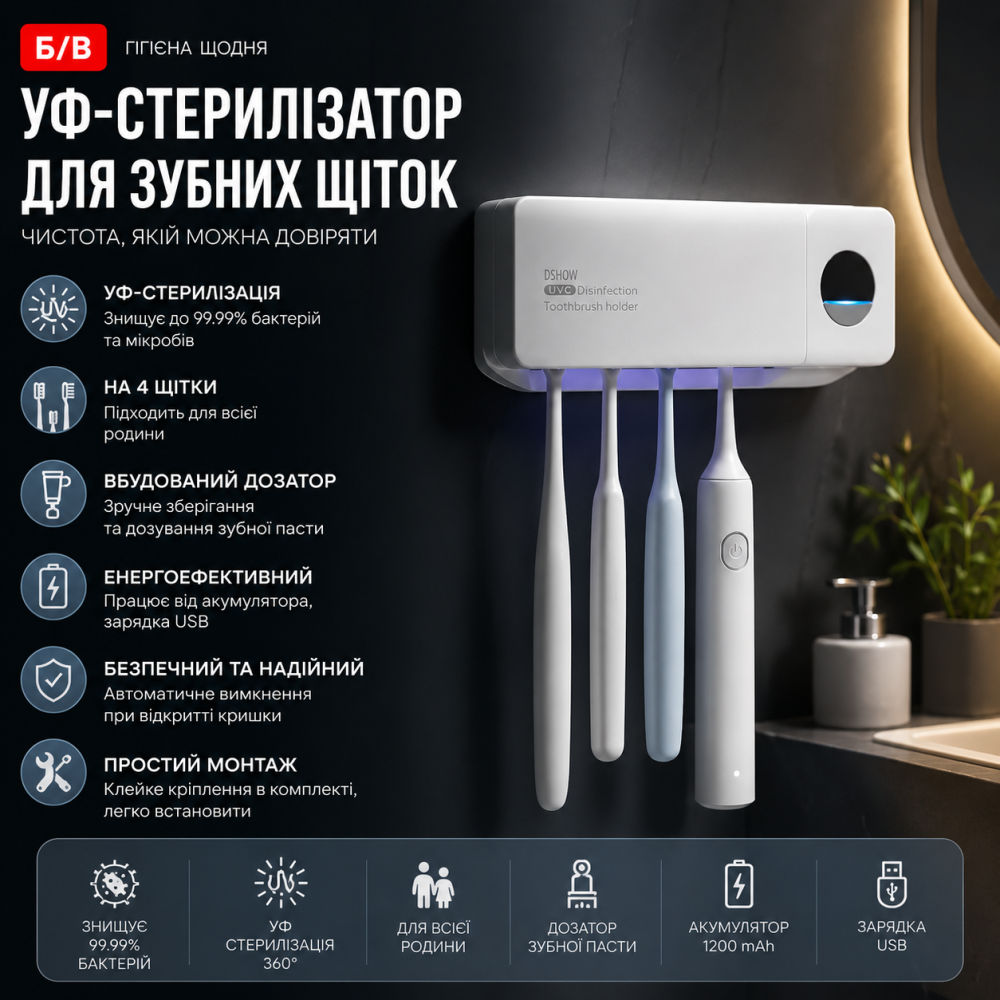 Б/В УФ-стерилізатор для зубних щіток DSHOW з дозатором: 99.9% захисту від бактерій, акумулятор 2000 мАг, РК-дисплей (Білий) Київ - фото 7