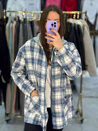 Жіноча тепла сорочка з капюшоном у карту байка на хутрі Блакитний Одеса