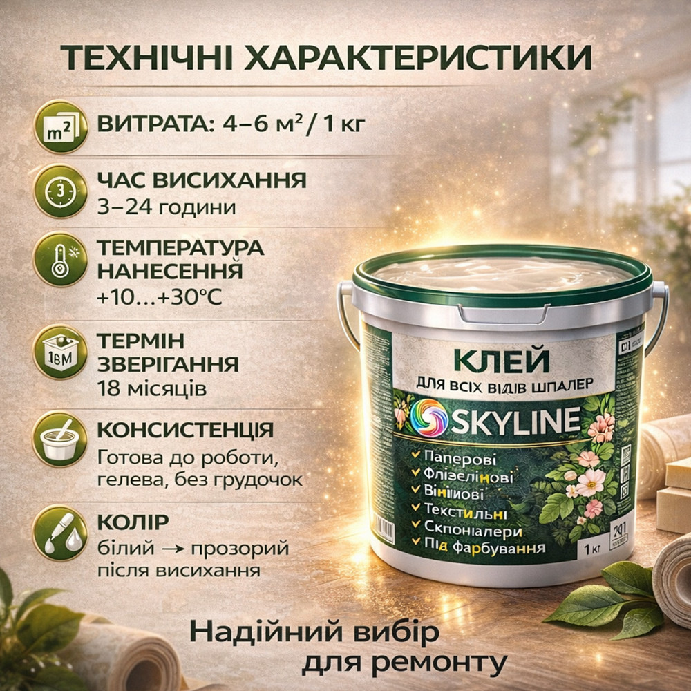 Клей для шпалер Skyline універсальний суперміцний для скловолокна і важких шпалер, готовий без запаху 1 кг Харків - фото 8