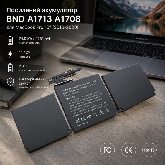 Посилений акумулятор BND A1713 A1708 для MacBook Pro 13 (2016-2020) батарея високої ємності 4781 mAh з інструментами Київ