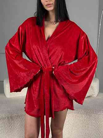 Жіночий домашній велюровий міні халат плюш велюр Червоний, Oversize 42/46 Одеса
