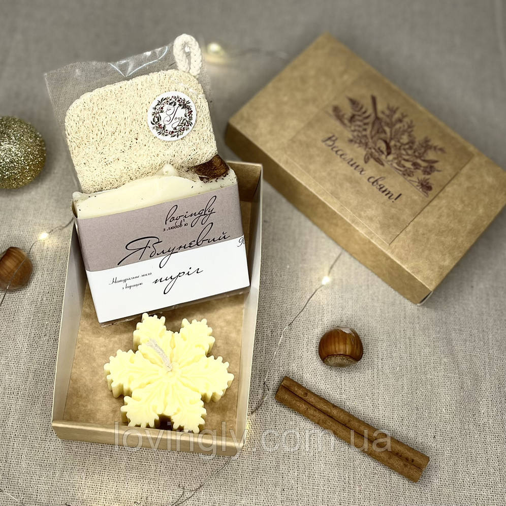 Подарок для коллег на Новый год, мыло с нуля, свеча-снежинка, люфа, праздничная коробка Ирпень - изображение 1