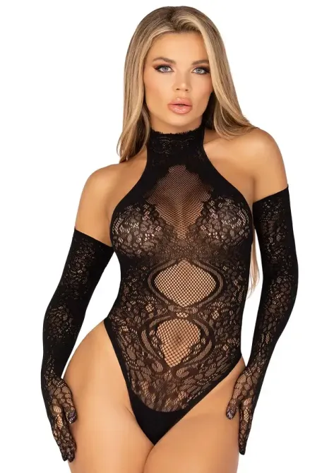 Боди Leg Avenue Lace Halter Teddy and Long Gloves One Size Black Львов - изображение 1