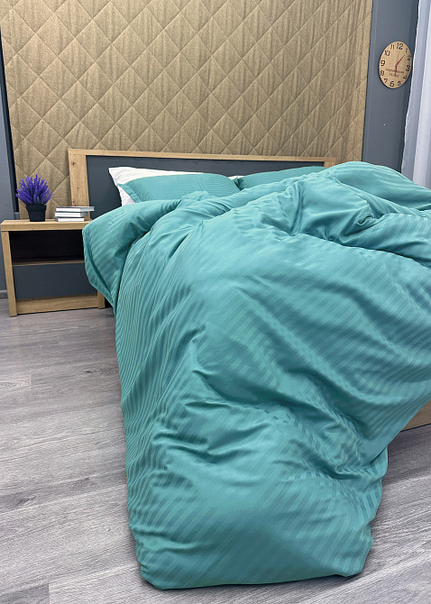 Комплект постільної білизни Страйп-сатин Полуторний з простирадлом на резинці 140х200х25, підковдра 150х220, 2 наволочки 70х70 Лазурний (88-214) Київ - фото 8