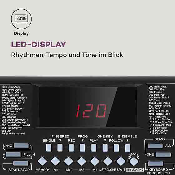 Etude 255 LCD Learning Keyboard 61 Keys LED Display Клавіші з підсвіткою 255 Rhythms Black (Німеччина, читати Рівне