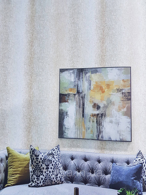 Шпалери вінілові на флізеліні Grandeco Anastasia метрові смуги розмиті під штукатурку бірюзові бежеві Київ - фото 1