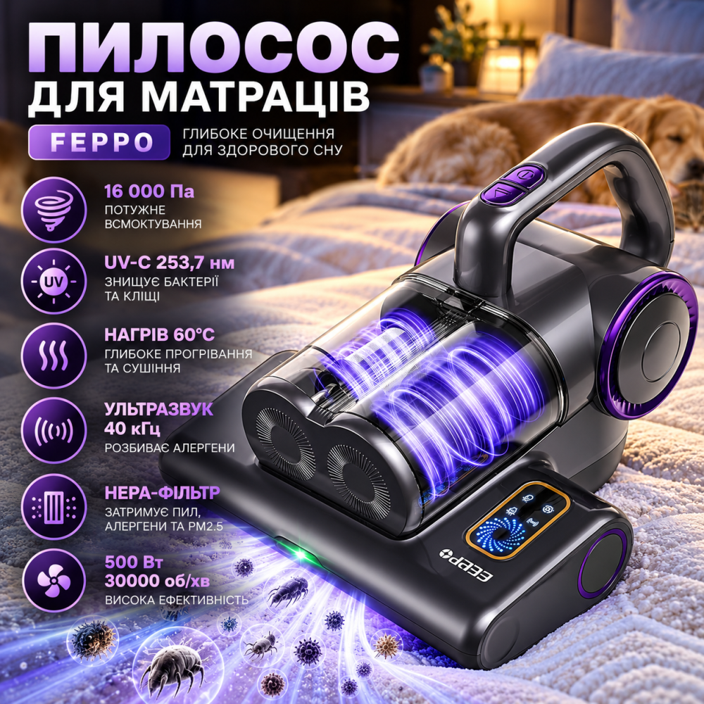 Пилосос для матраців FEPPO 500 Вт, 16 кПа, UV-C 253,7 нм, HEPA, нагрів 60°C, ультразвук 40 кГц, 30000 об/хв Київ - фото 1