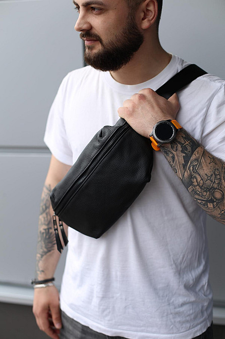 Бананка із натуральної шкіри, шкіряна сумка на пояс SKILL Taller (Чорна) Суми - фото 4