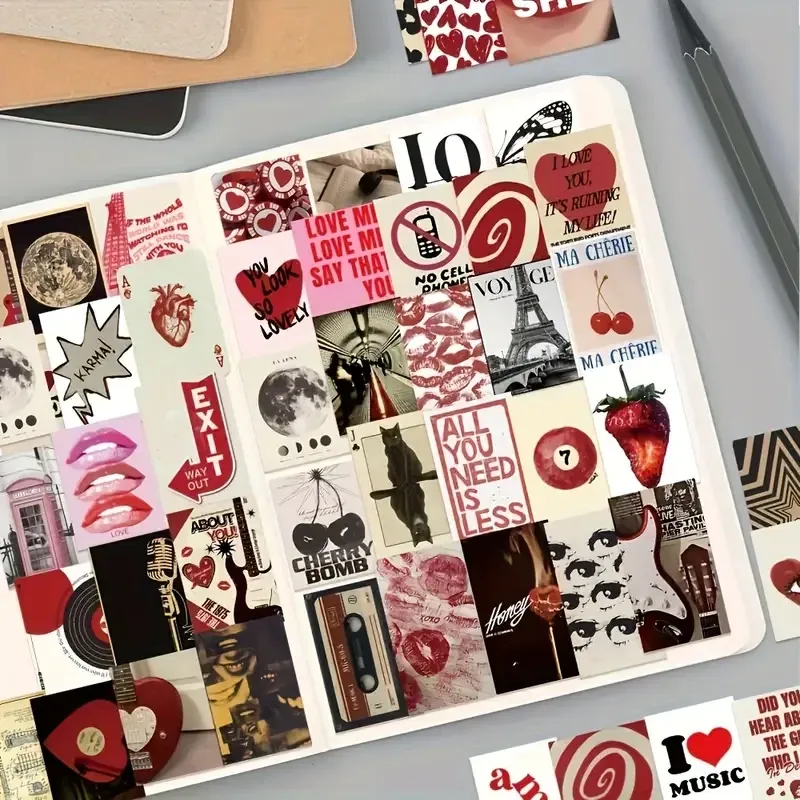 Набір стікерів “Love & Music” – 50 штук, арт і вінтажний стиль, Париж, губи, полуниця Київ - фото 1