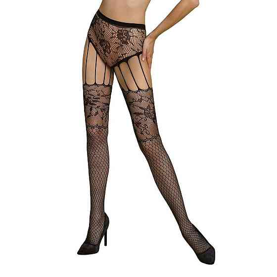 Эротические колготки-бодистокинг Passion ECO S004 black, закрытые трусики, декор, подвязки Sex Aura Киев