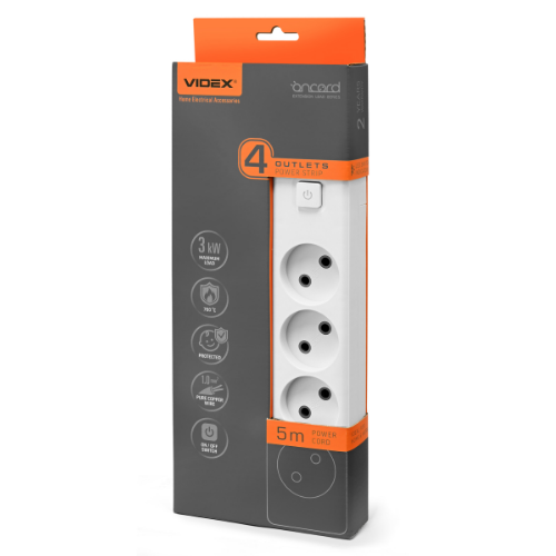 Мережевий подовжувач без заземлення 4 розетки 5м з кнопкою білий Oncord Videx Житомир