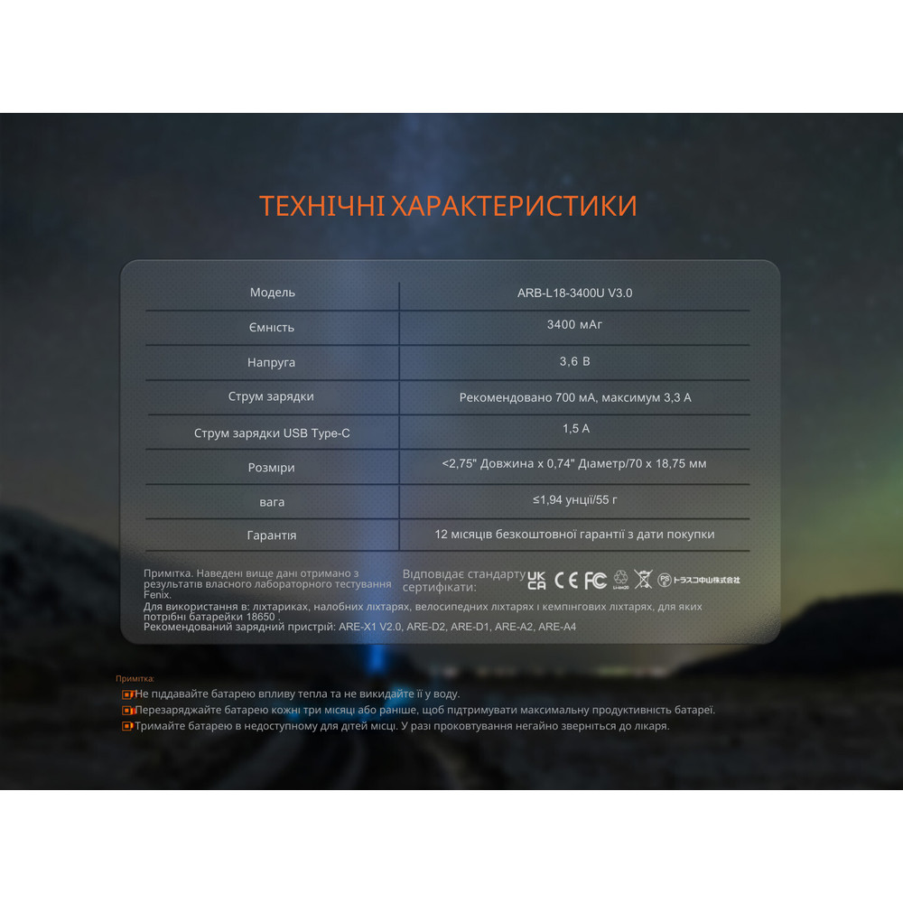 Акумулятор 18650 Fenix (3400 mAh) Type-C V3.0 Киев - изображение 12